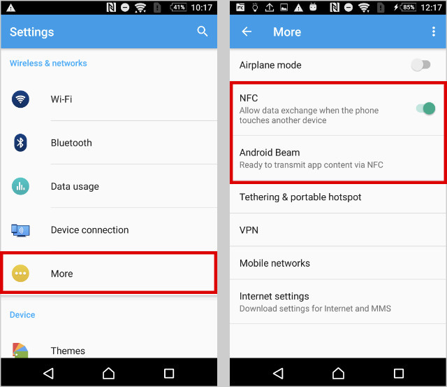 Enabling RFC and Android Beam on Android, showing the settings to turn on NFC and Android Beam.