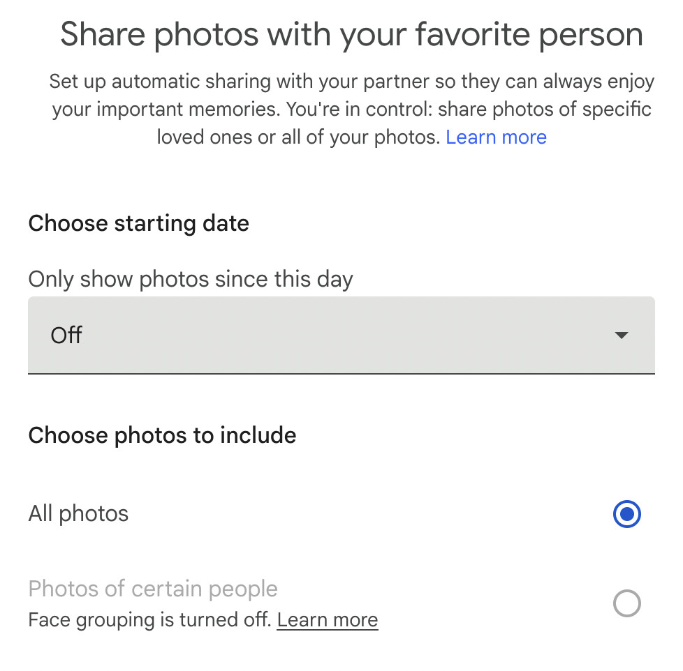 Google Photos interface displaying the partner sharing option