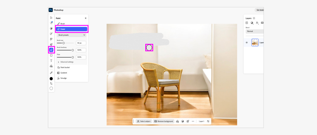 Eraser tool in Photoshop interface