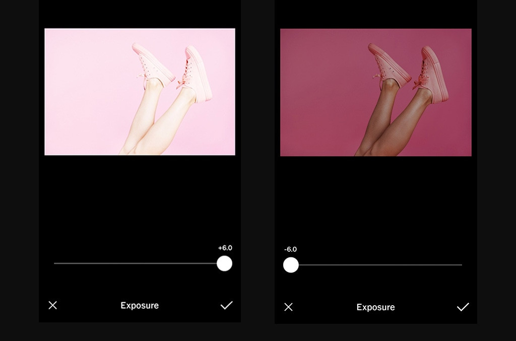 Side-by-side exposure adjustment of pink shoes on pink background, showing low and high exposure levels.