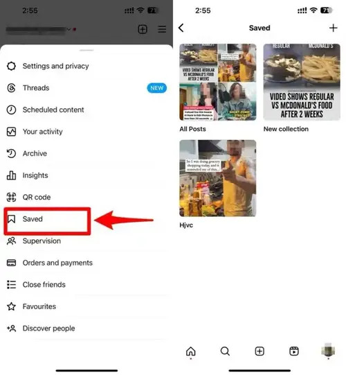 Saved posts menu on Instagram