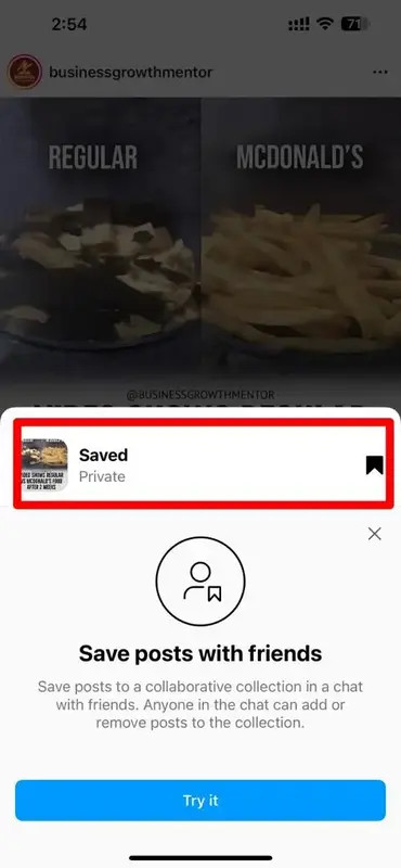 Instagram post saved confirmation