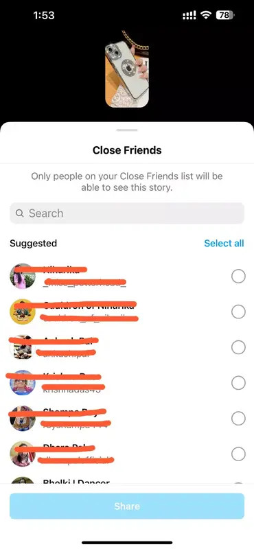 Selecting friends for close friends list