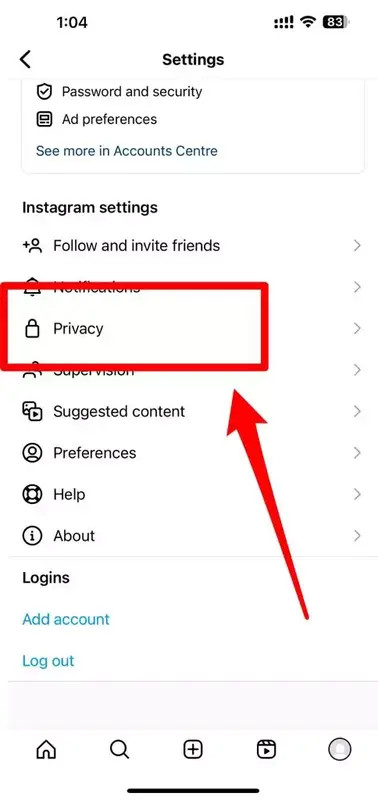 Accessing privacy settings on Instagram
