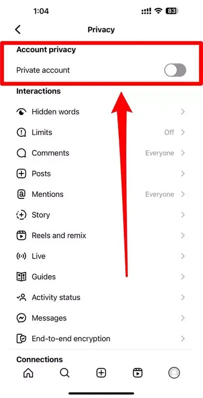Enabling private account on Instagram