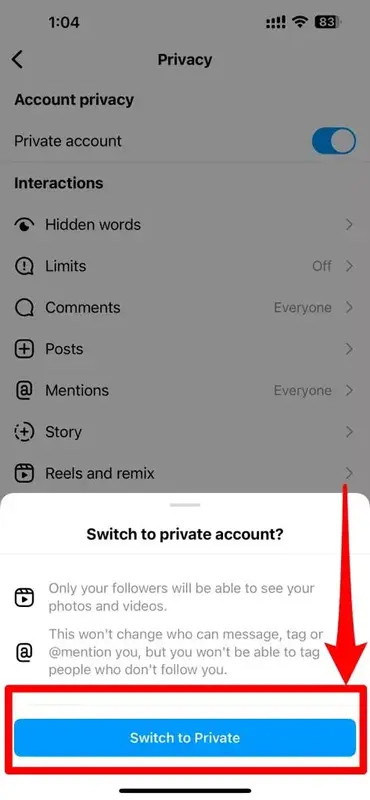 Confirmation to switch to private account