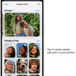 A person in the People & Pets collection in the Photos app. Groups appear at the top, and people and pets are listed below.