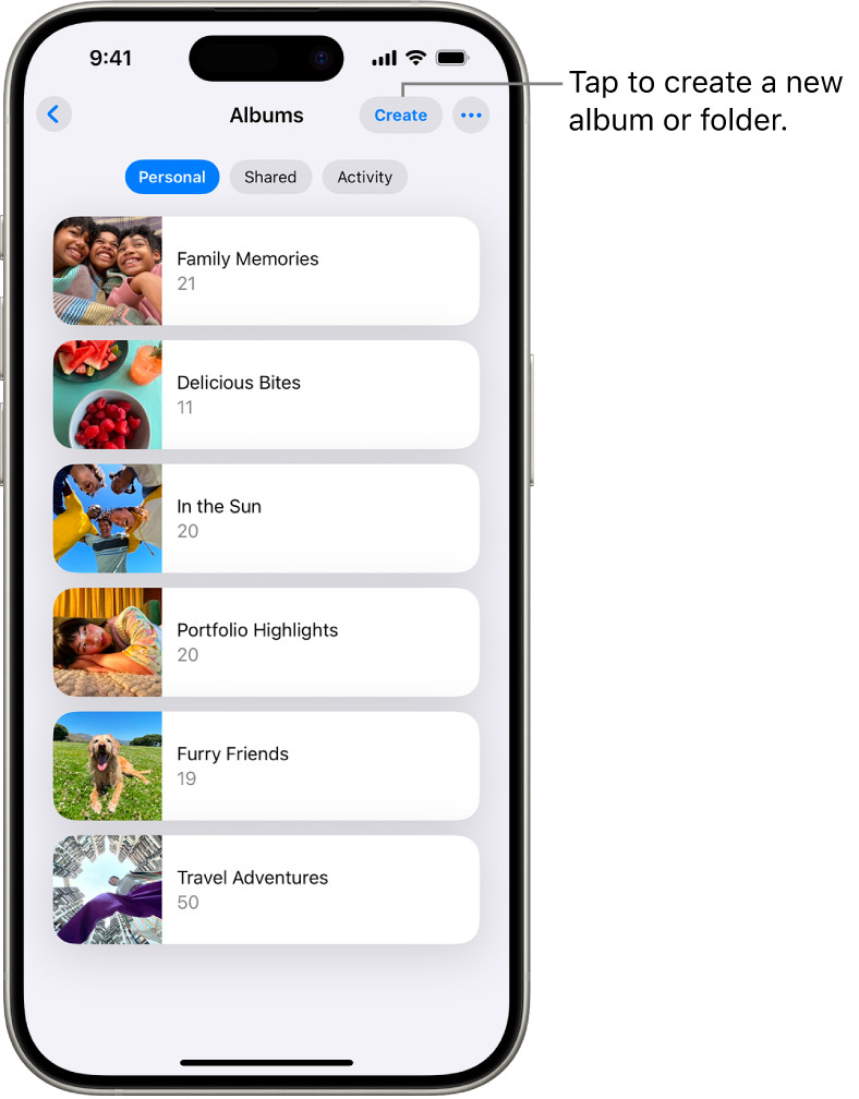 Photos app open on iPhone showing the Albums tab with various albums listed