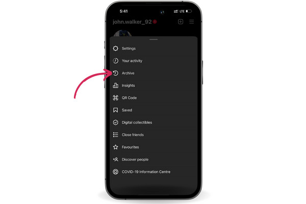 Select Archive option from Instagram Menu to unhide photos