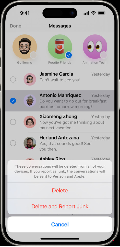 Messages conversation list with delete options