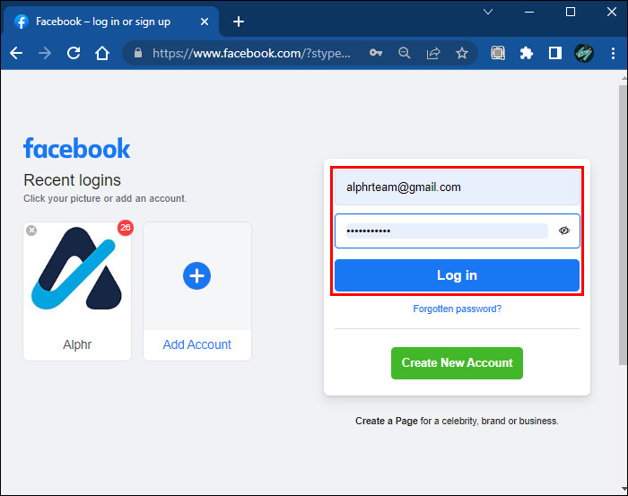 Facebook login page