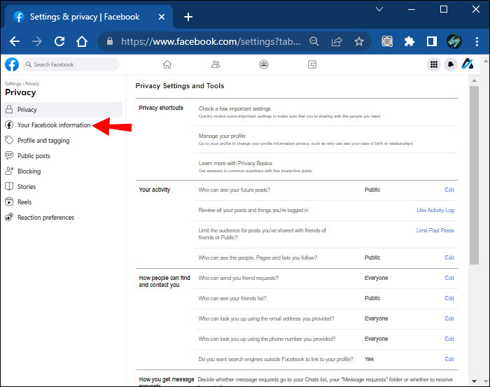 Your Facebook Information option