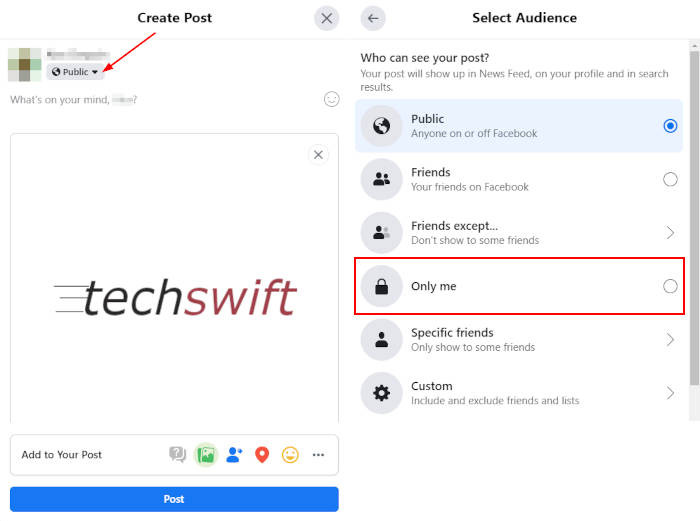 Facebook Audience Button with Only me Option in Menu