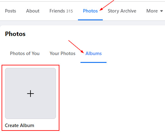 Facebook Create Album Button in Profile Pictures Album Tab
