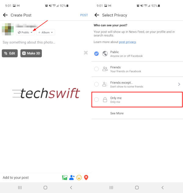 Facebook Mobile App Audience Button in New Post and Only me Option in Menu