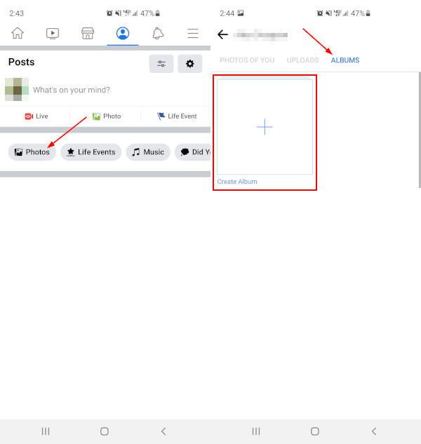 Facebook Mobile App Create Album Button in Albums Profile Page