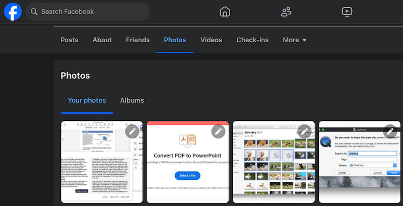 Facebook photos interface showing the album section