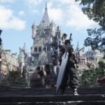 Cloud Strife in Final Fantasy 7 Rebirth, captured using photo mode, showcasing a heroic pose with a scenic background.