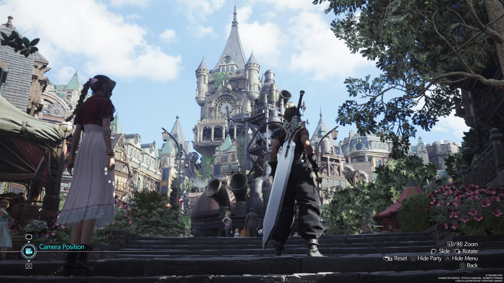 Cloud Strife in Final Fantasy 7 Rebirth, captured using photo mode, showcasing a heroic pose with a scenic background.