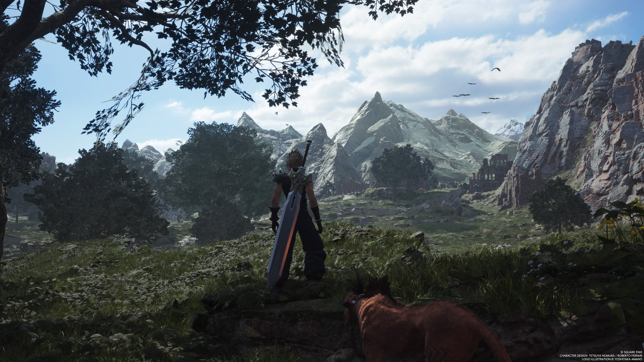 Landscape shot of the open world environment in Final Fantasy 7 Rebirth, captured in photo mode, highlighting the stunning world design with rolling hills and vibrant skies.