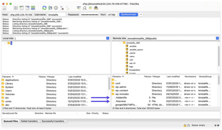 FileZilla interface for transferring files between local and remote sites securely