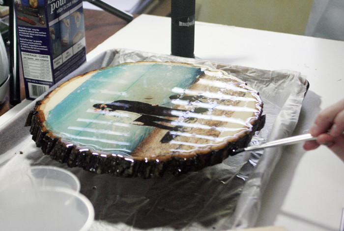 Glossy Wood Slice Photo Transfer - use paintbrush to wipe off drips