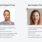Comparison of a good and bad passport photo: Quality, facial expression, background color, and more.