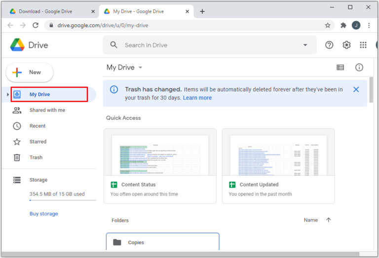 Google Drive transfer files screen shot