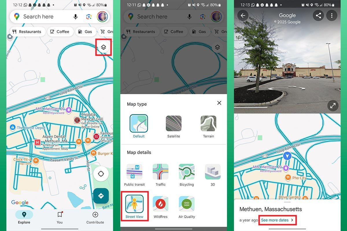 Three screenshots of the Google Maps Android app: On the left, a map with the 