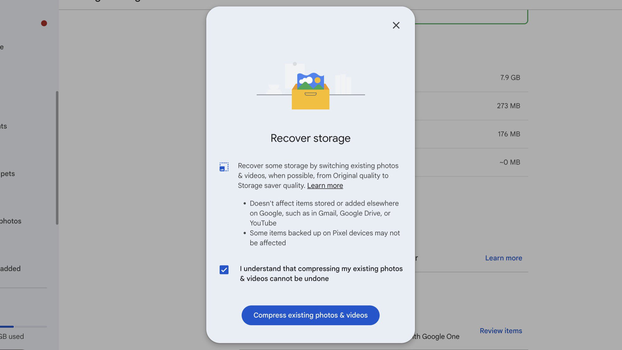 Screenshot showing the option to compress existing photos in Google Photos settings