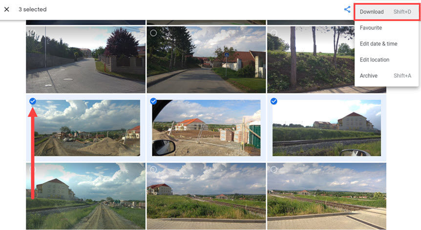 Download option highlighted in Google Photos, demonstrating how to save selected photos back to a computer