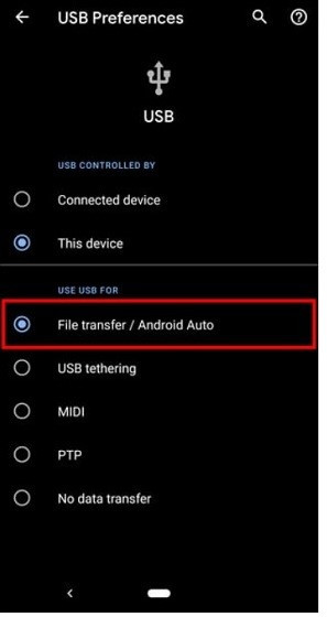 Clicking on File Transfer for Samsung Photo Download