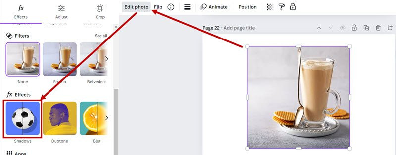 Adding shadows to images and graphics in Canva: select the graphic, then Edit photo, then shadows