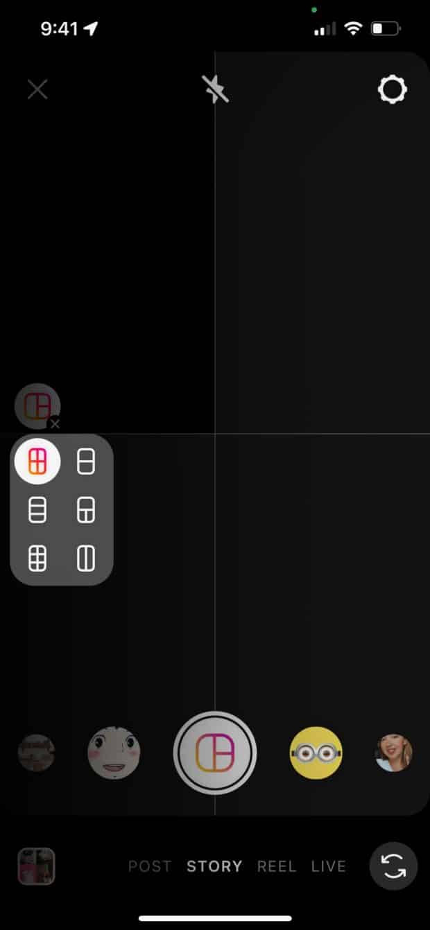 Instagram layout selection screen displaying various grid options for photo collages