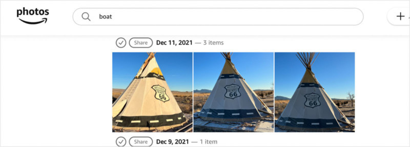 A visual illustrating Amazon Photos' interface, with a search query for 'boat' yielding results, providing a context for assessing the app's search functionality and image recognition capabilities.
