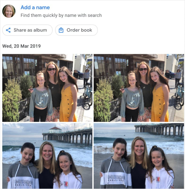 Patty and her children photographed before and after the face-tagging process was applied.
