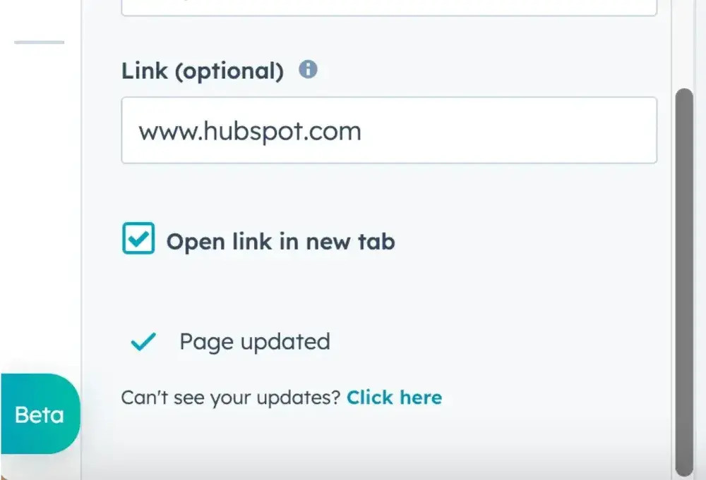 The menu option to add an HTML image link to an image in HubSpot, with the option to open the link in a new tab highlighted.