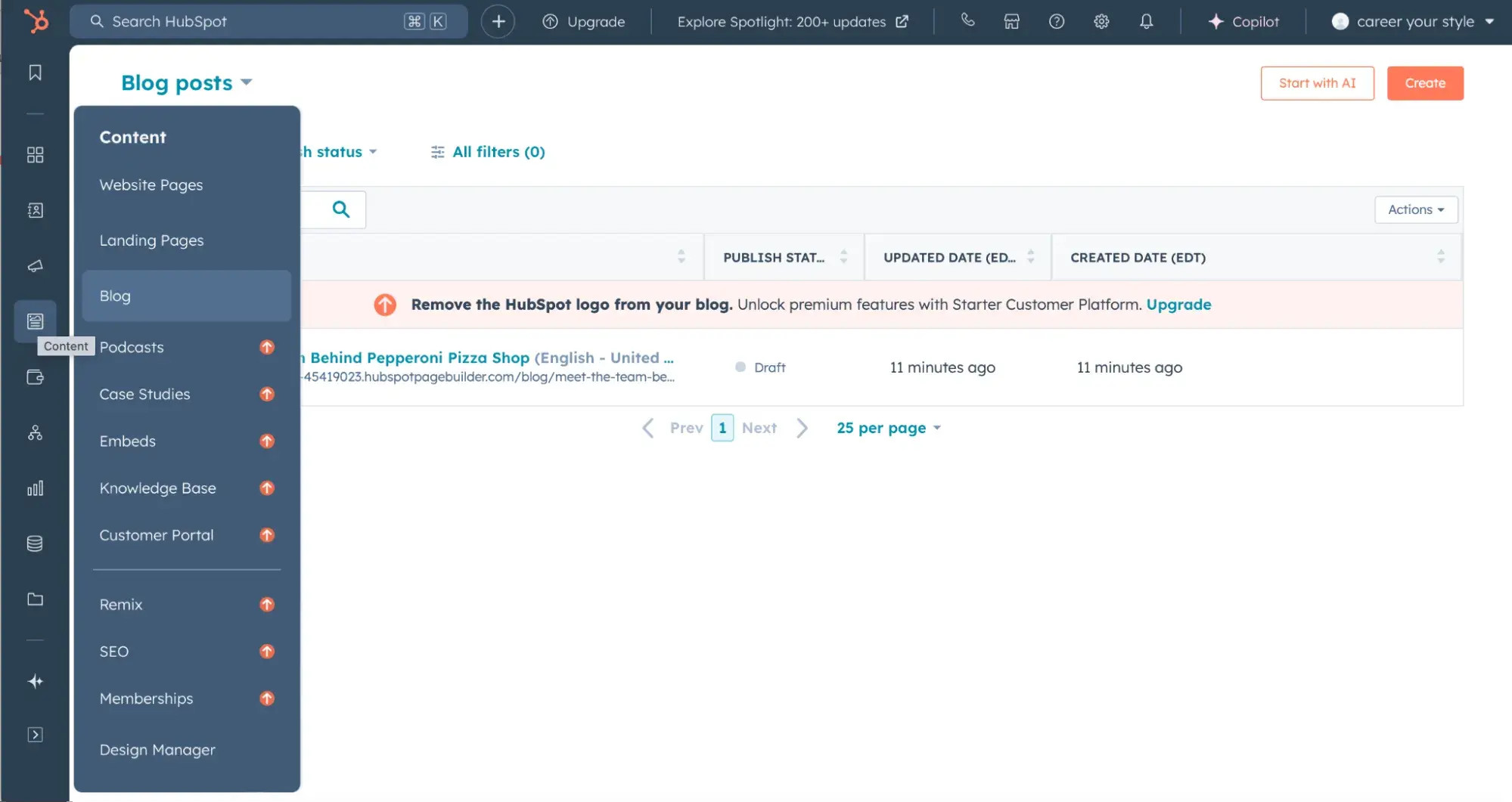 HubSpot blog interface