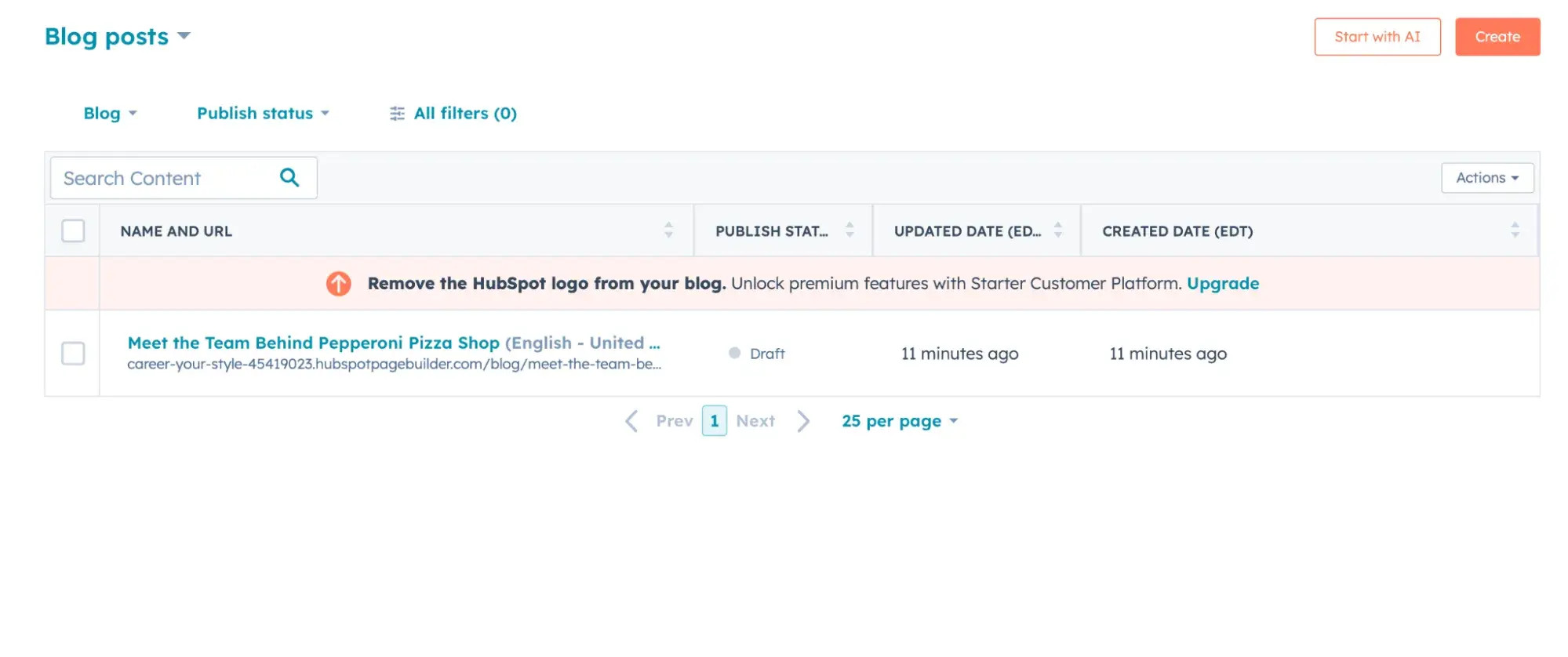 The blog post feed in HubSpot CMS, with options to create a new post or select an existing one to edit.