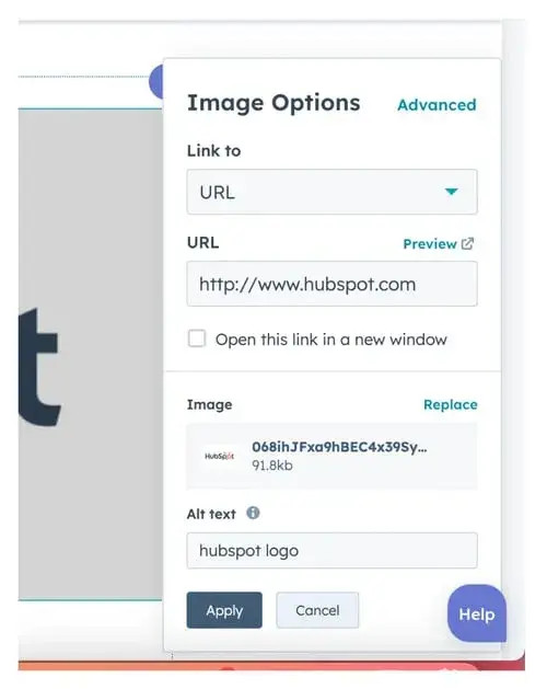 Adding an HTML image link to an image in a blog post, showing the URL insertion bar and the option to open the link in a new window.