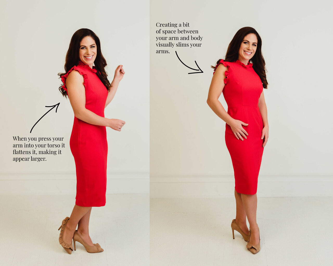 Creating Space with Arms: Add definition and relaxation to your poses by keeping your arms slightly away from your body, such as placing hands on hips or in pockets.