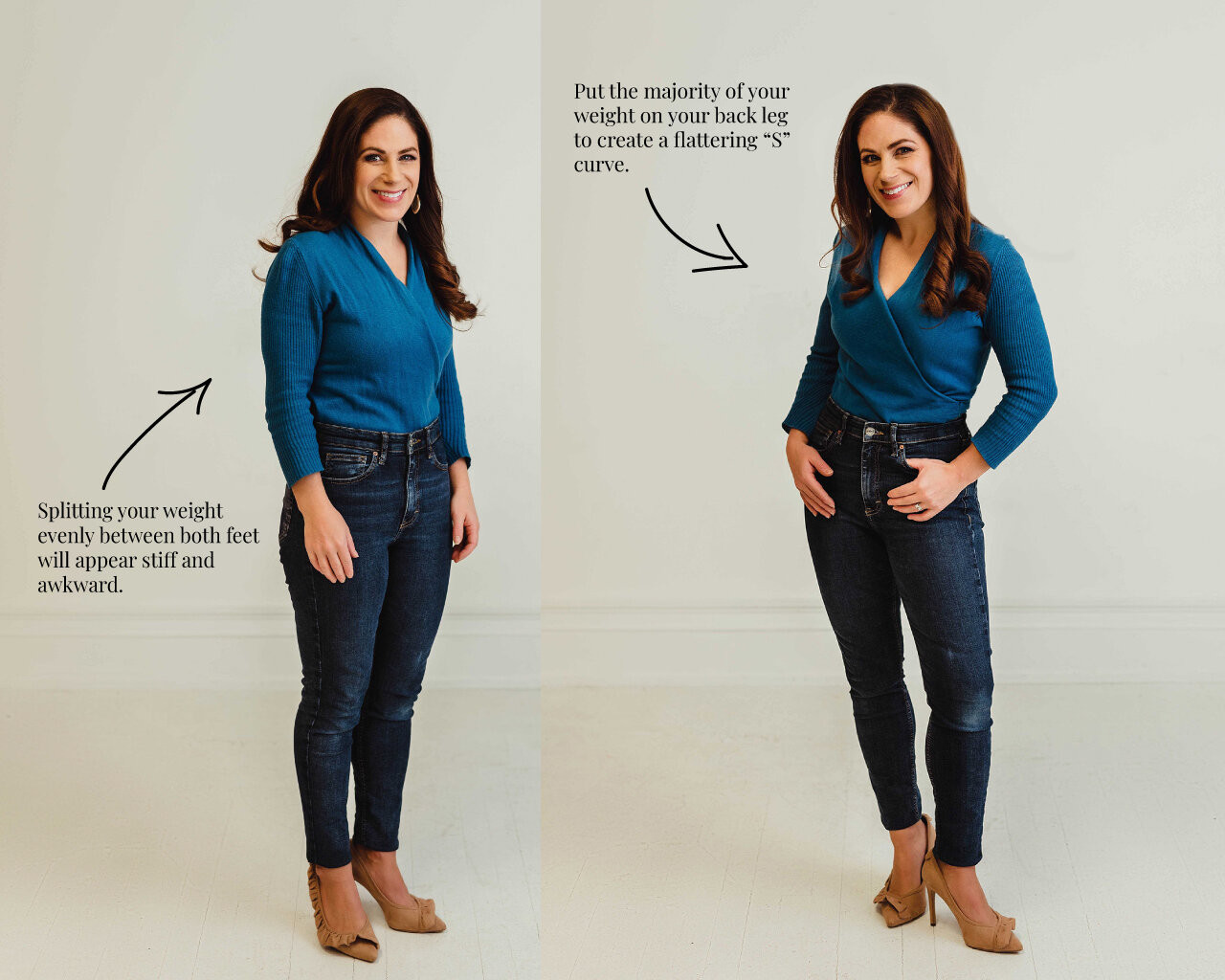 Weight Shifting in Poses: Achieve a flattering S-curve by placing most of your weight on one leg, creating a dynamic and natural silhouette.