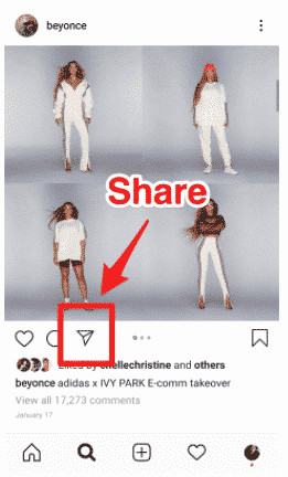 Instagram share button and option to add post to story