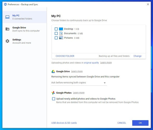 Open Preferences in Backup and Sync on Windows