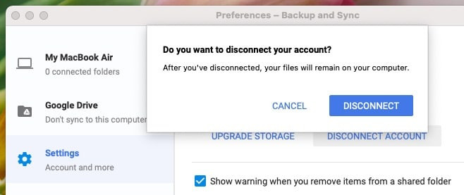Disconnect Account in Backup and Sync on Mac