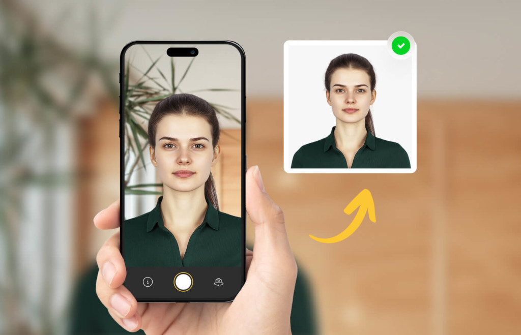 Visual showing how to take a passport photo with iPhone, featuring a person centered on screen and a final accepted image with proper background and alignment.