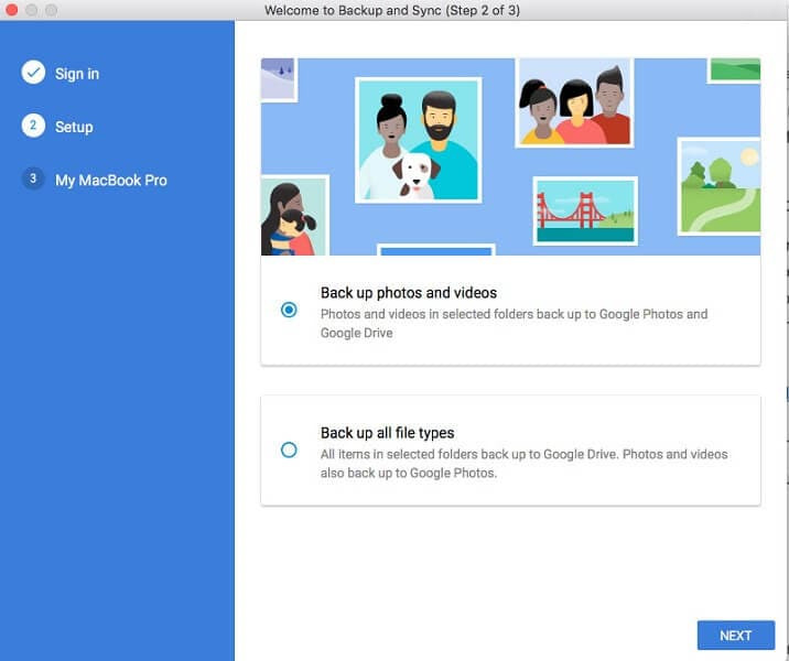 Select folders to backup using Google Backup and Sync tool
