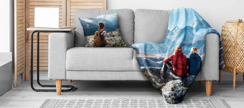 Family displaying their personalized photo blanket, highlighting the vibrancy of colors and sharpness of the image, maintained through careful washing techniques.