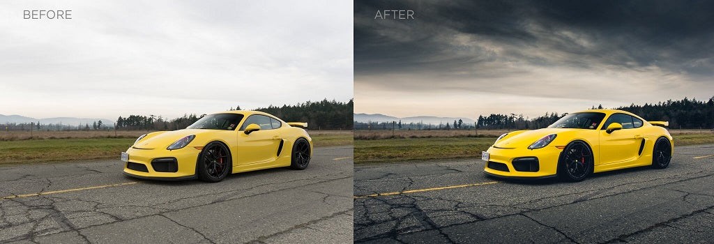 Examples of Lightroom presets applied to car photos, showing different styles and effects