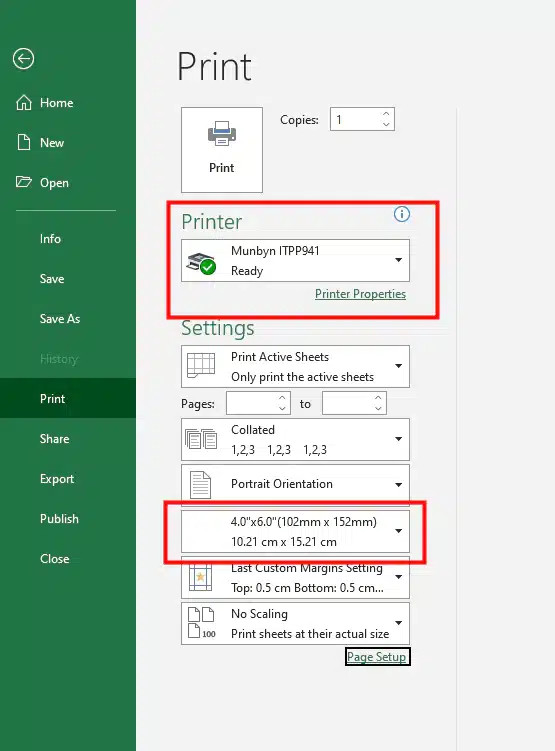A computer screen showing details for printing shipping address labels from an Excel sheet.